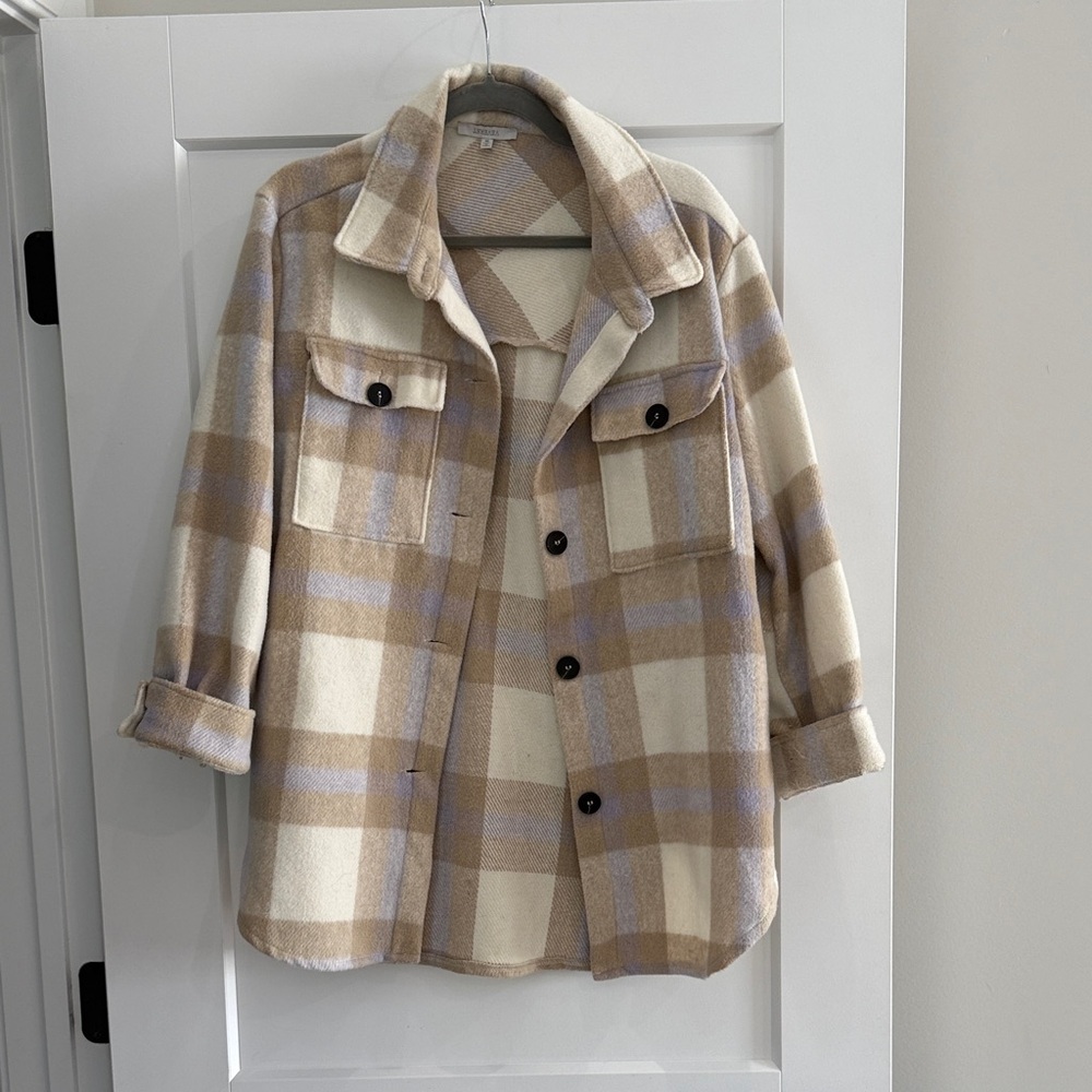 Women's Plaid Tan and Cream Utility Shacket Jacket